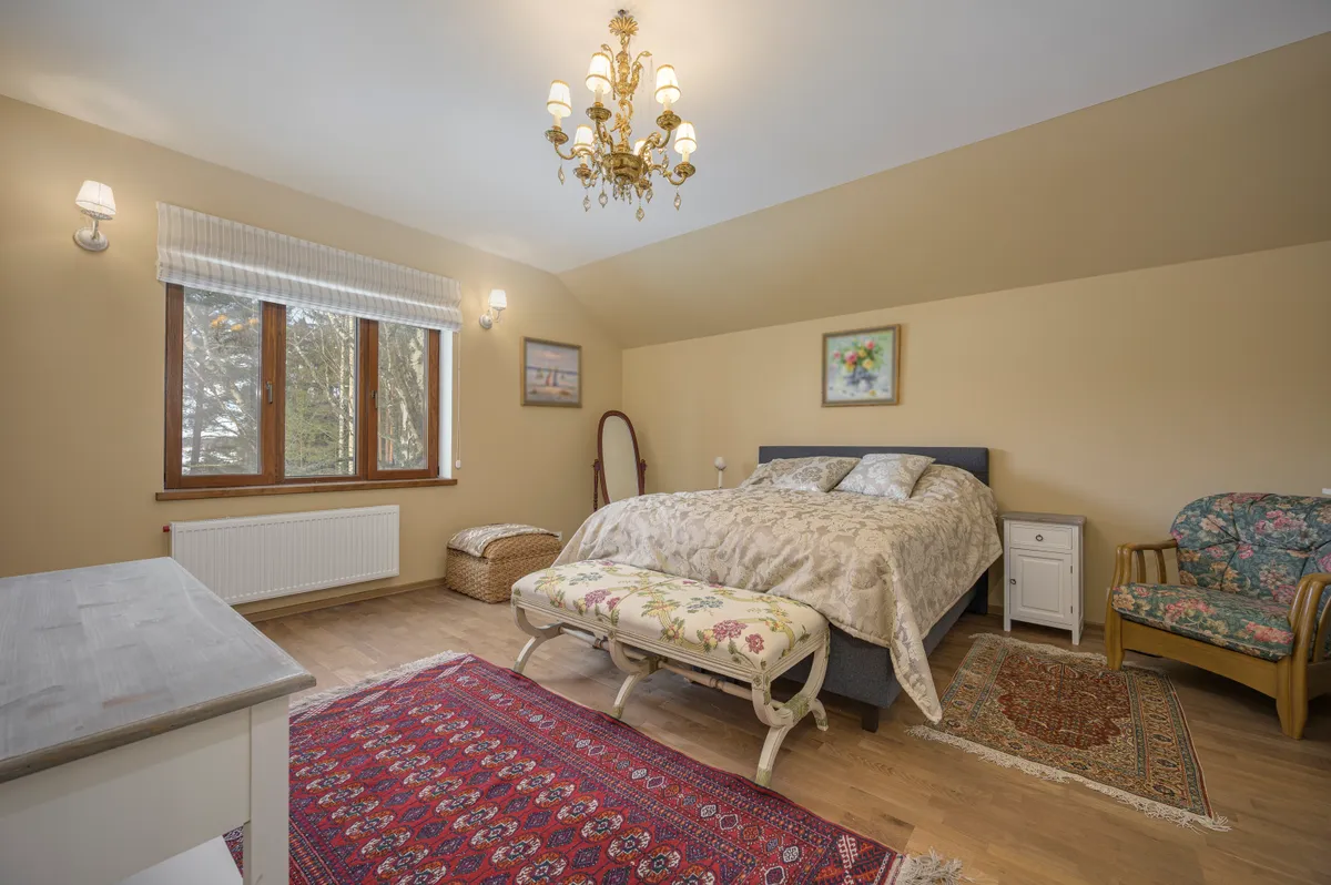 Bedroom with a double bed, window and rug
